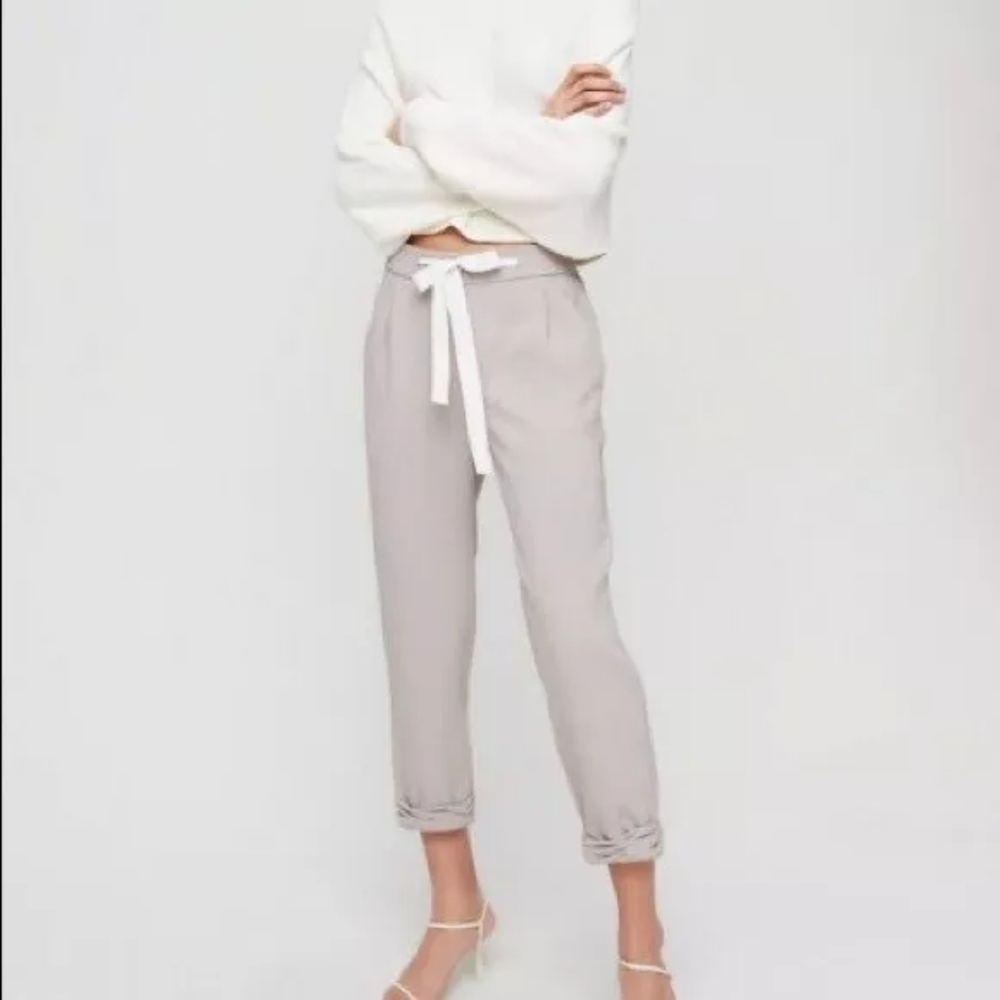 Aritzia Wilfred Gray Allant Cropped Ribbon Waist Tie Crepe Pants Sz 4